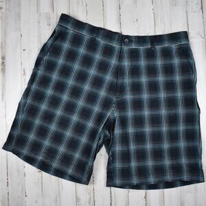 Men's Plaid Chino Shorts Blue Black Flat Front Cotton Skater Preppy Fit sz 34/35